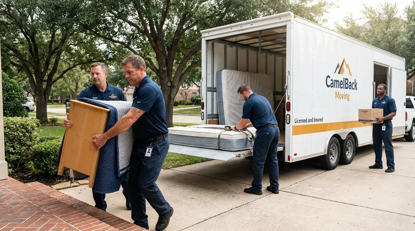 Crew loading residential truck for cross-state move from Cosmopolis, WA