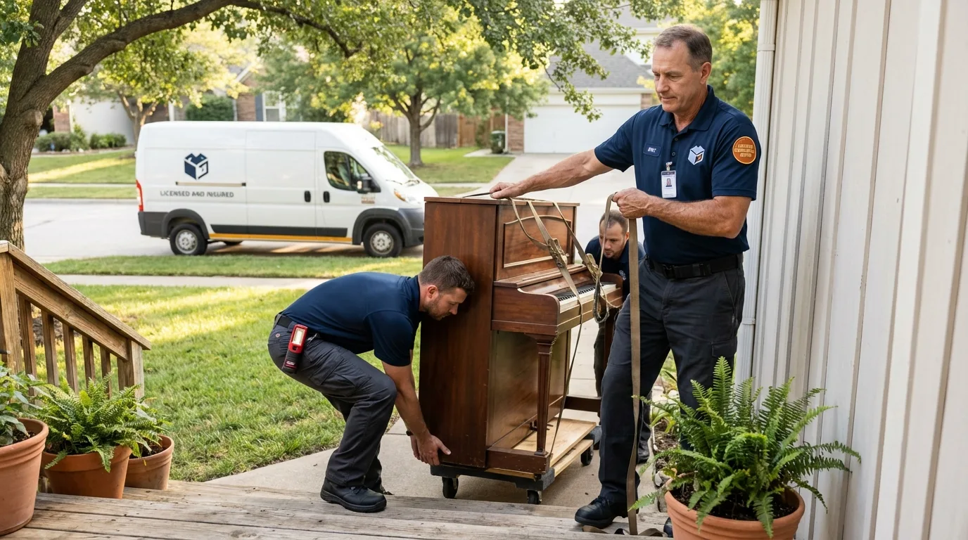 Licensed piano movers securing grand piano in Cosmopolis, WA