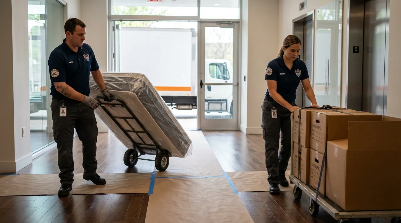 Professional apartment movers loading elevator in Cosmopolis, WA