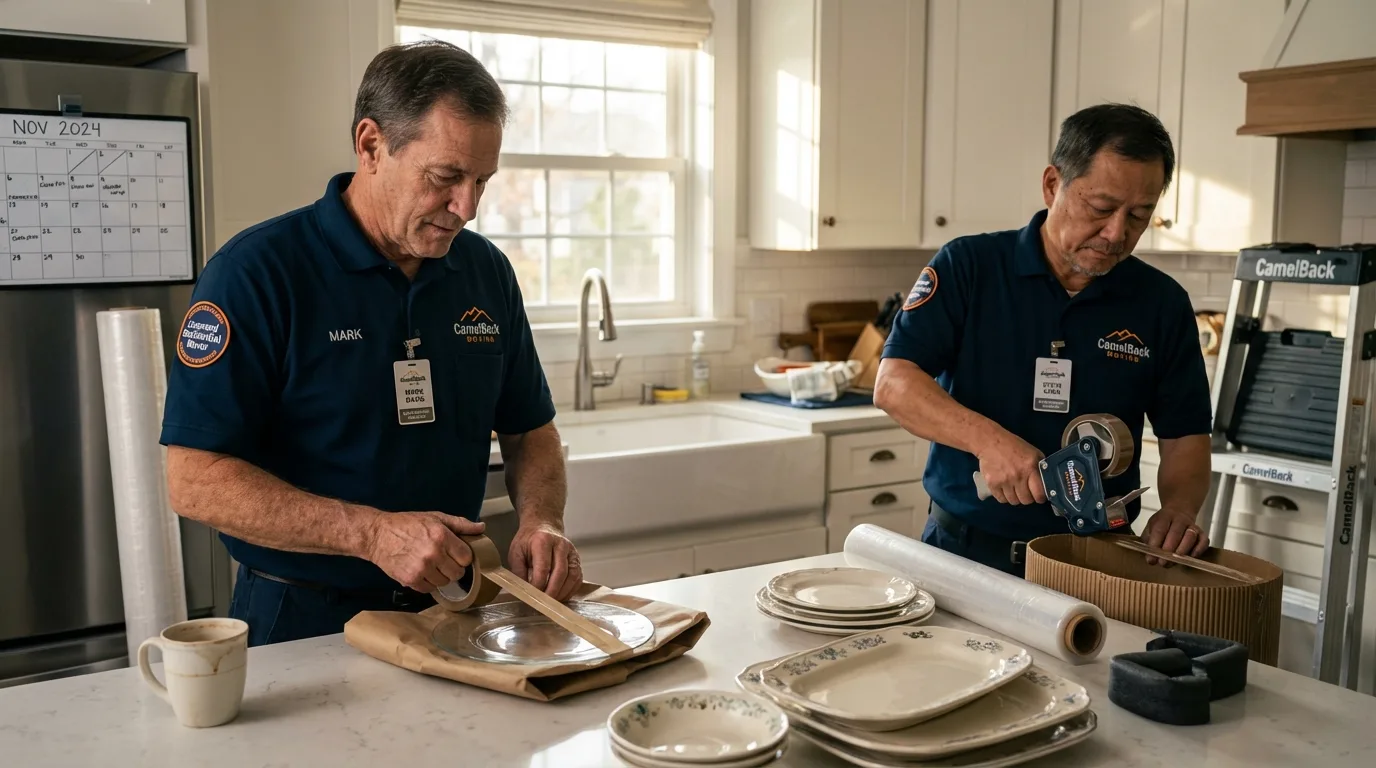 Professional crew packing kitchen dishware in Cosmopolis, WA